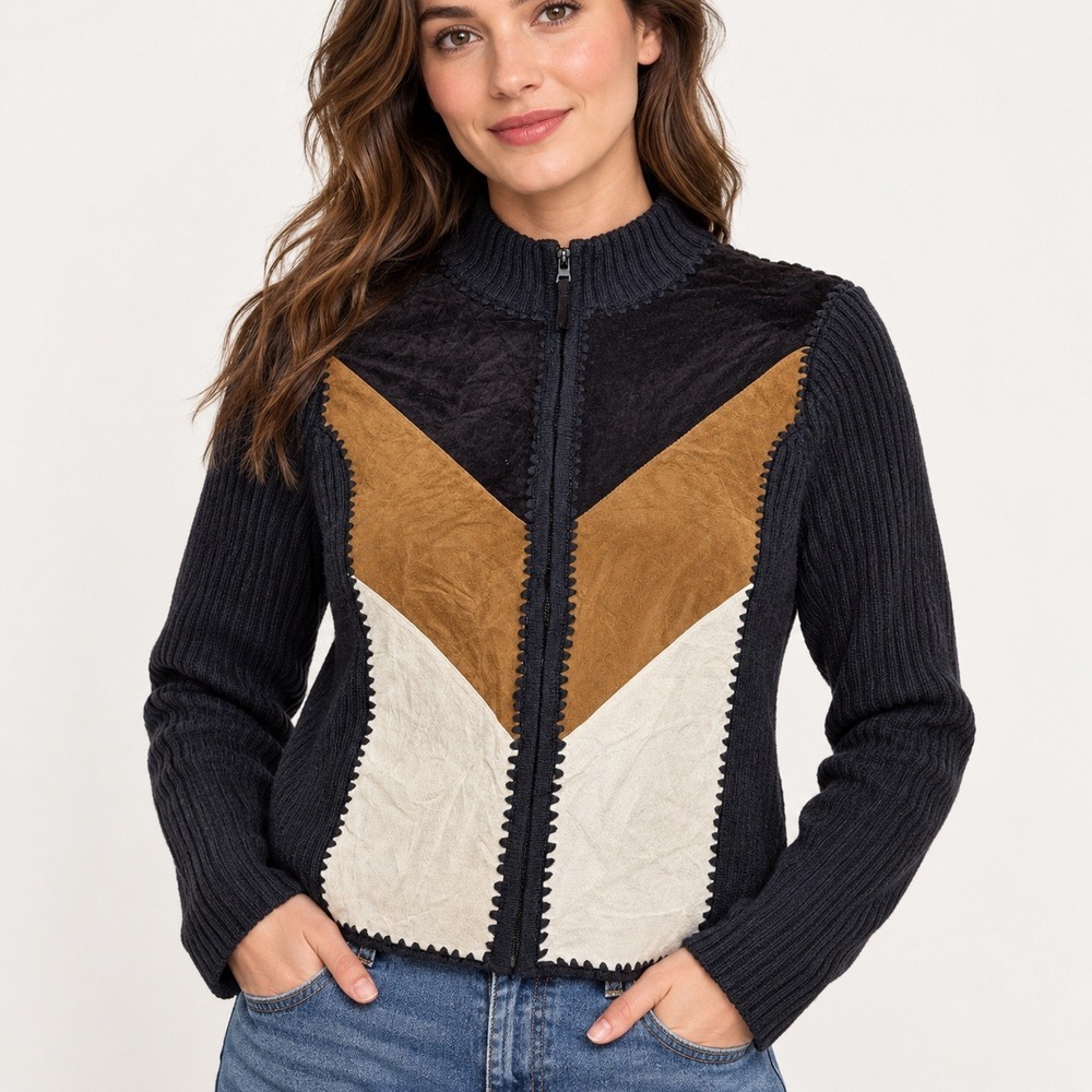 Designers Studio Originals Leather Patchwork Zip Up Cardigan Sweater Black Large